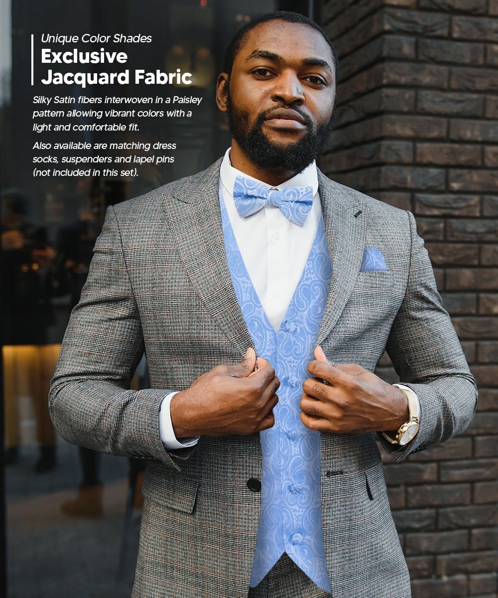 Vittorio Farina Men's Woven Paisley Vest, Necktie, Bow Tie and Pocket Square Set (White Back) - Sky Blue - Vest Set - Vittorio Farina