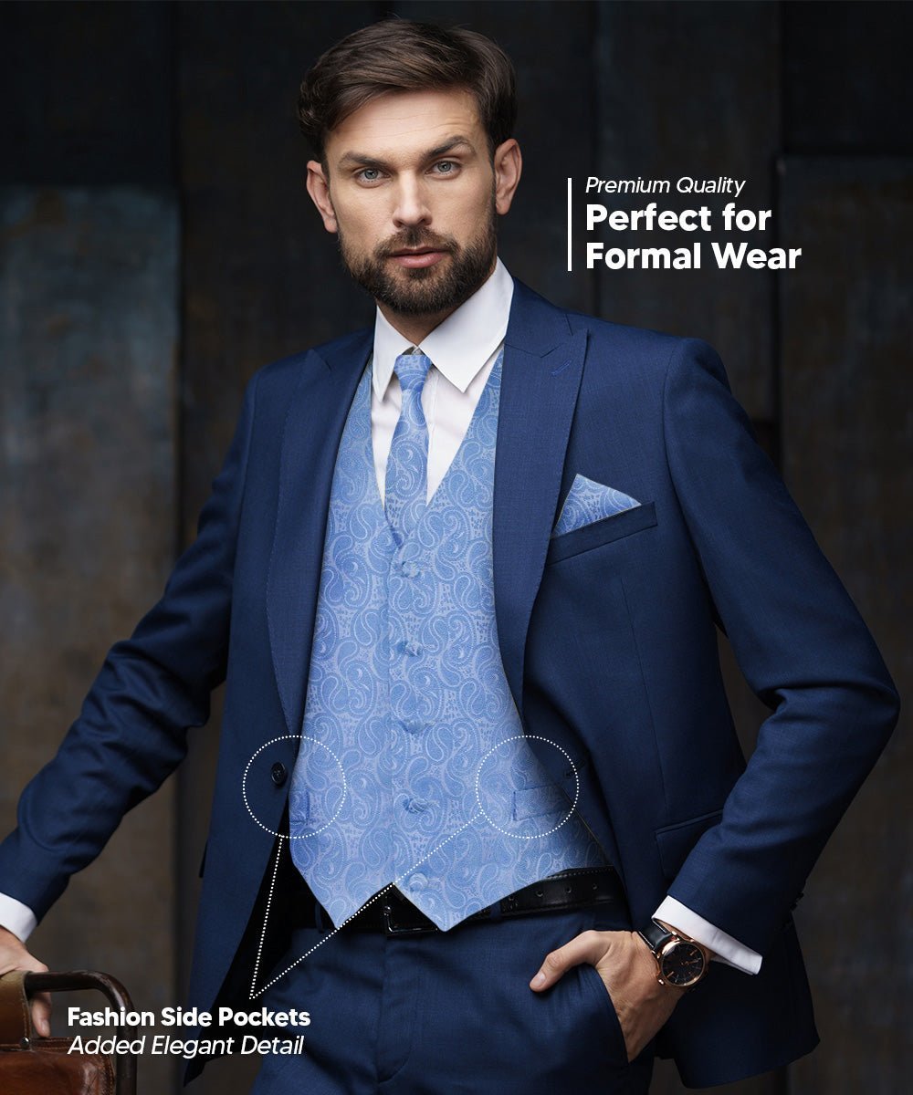 Vittorio Farina Men's Woven Paisley Vest, Necktie, Bow Tie and Pocket Square Set (White Back) - Sky Blue - Vest Set - Vittorio Farina