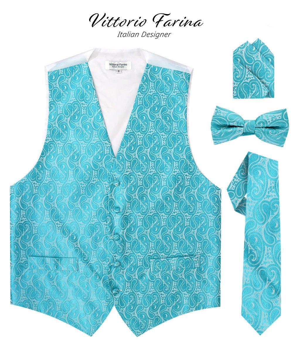 Vittorio Farina Men's Woven Paisley Vest, Necktie, Bow Tie and Pocket Square Set (White Back) - Turquoise - Vest Set - Vittorio Farina