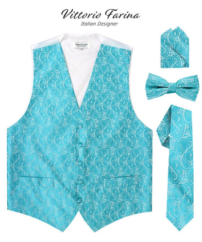 Vittorio Farina Men's Woven Paisley Vest, Necktie, Bow Tie and Pocket Square Set (White Back) - Turquoise - Vest Set - Vittorio Farina