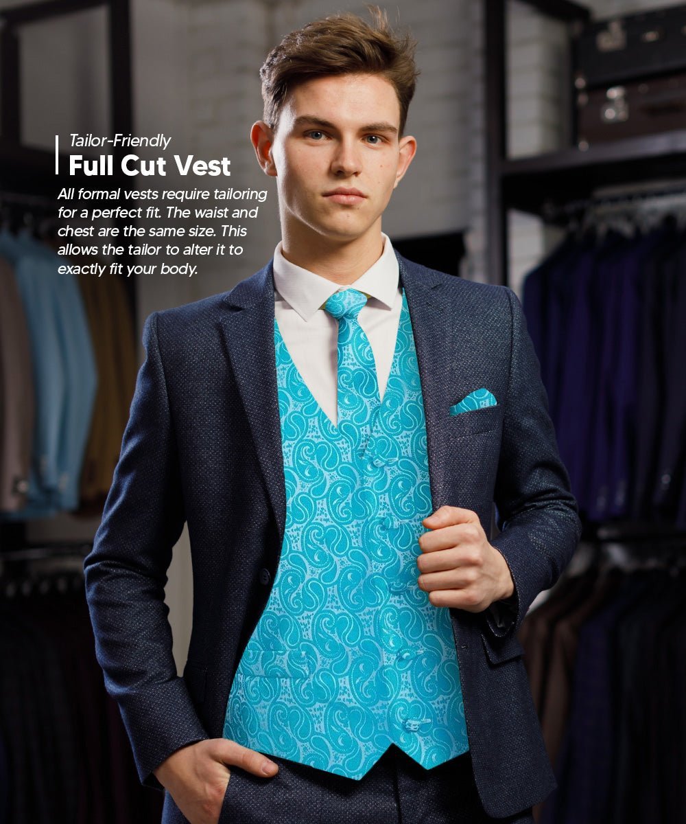 Vittorio Farina Men's Woven Paisley Vest, Necktie, Bow Tie and Pocket Square Set (White Back) - Turquoise - Vest Set - Vittorio Farina