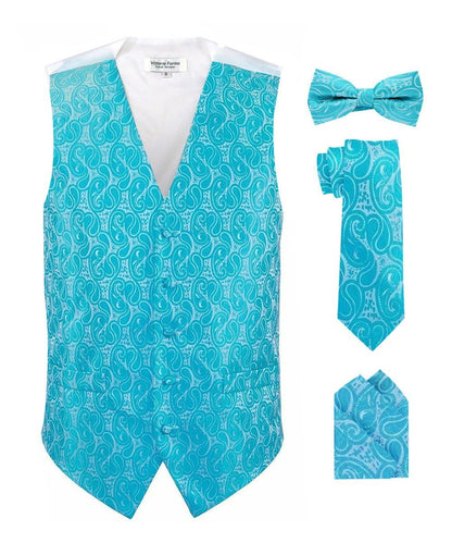 Vittorio Farina Men's Woven Paisley Vest, Necktie, Bow Tie and Pocket Square Set (White Back) - Turquoise - Vest Set - Vittorio Farina