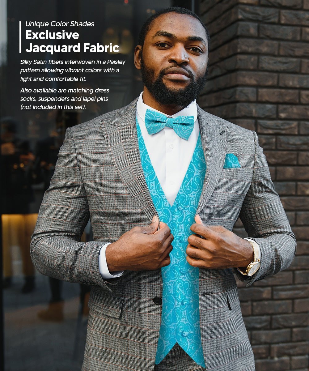 Vittorio Farina Men's Woven Paisley Vest, Necktie, Bow Tie and Pocket Square Set (White Back) - Turquoise - Vest Set - Vittorio Farina
