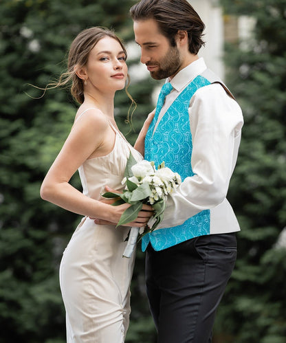 Vittorio Farina Men's Woven Paisley Vest, Necktie, Bow Tie and Pocket Square Set (White Back) - Turquoise - Vest Set - Vittorio Farina