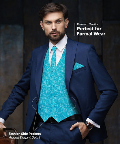 Vittorio Farina Men's Woven Paisley Vest, Necktie, Bow Tie and Pocket Square Set (White Back) - Turquoise - Vest Set - Vittorio Farina