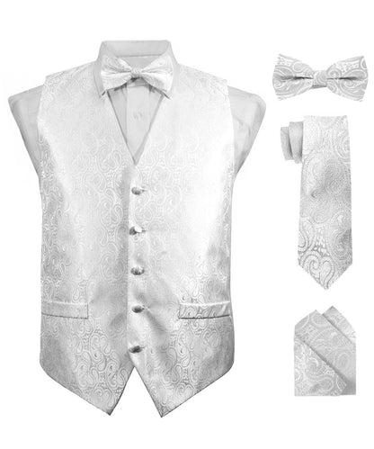 Vittorio Farina Men's Woven Paisley Vest, Necktie, Bow Tie and Pocket Square Set (White Back) - White - Vest Set - Vittorio Farina