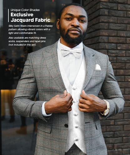 Vittorio Farina Men's Woven Paisley Vest, Necktie, Bow Tie and Pocket Square Set (White Back) - White - Vest Set - Vittorio Farina