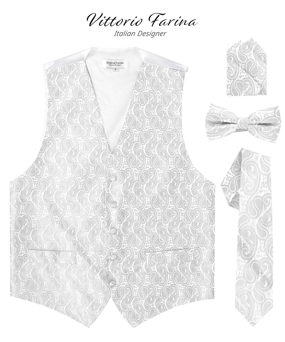 Vittorio Farina Men's Woven Paisley Vest, Necktie, Bow Tie and Pocket Square Set (White Back) - White - Vest Set - Vittorio Farina
