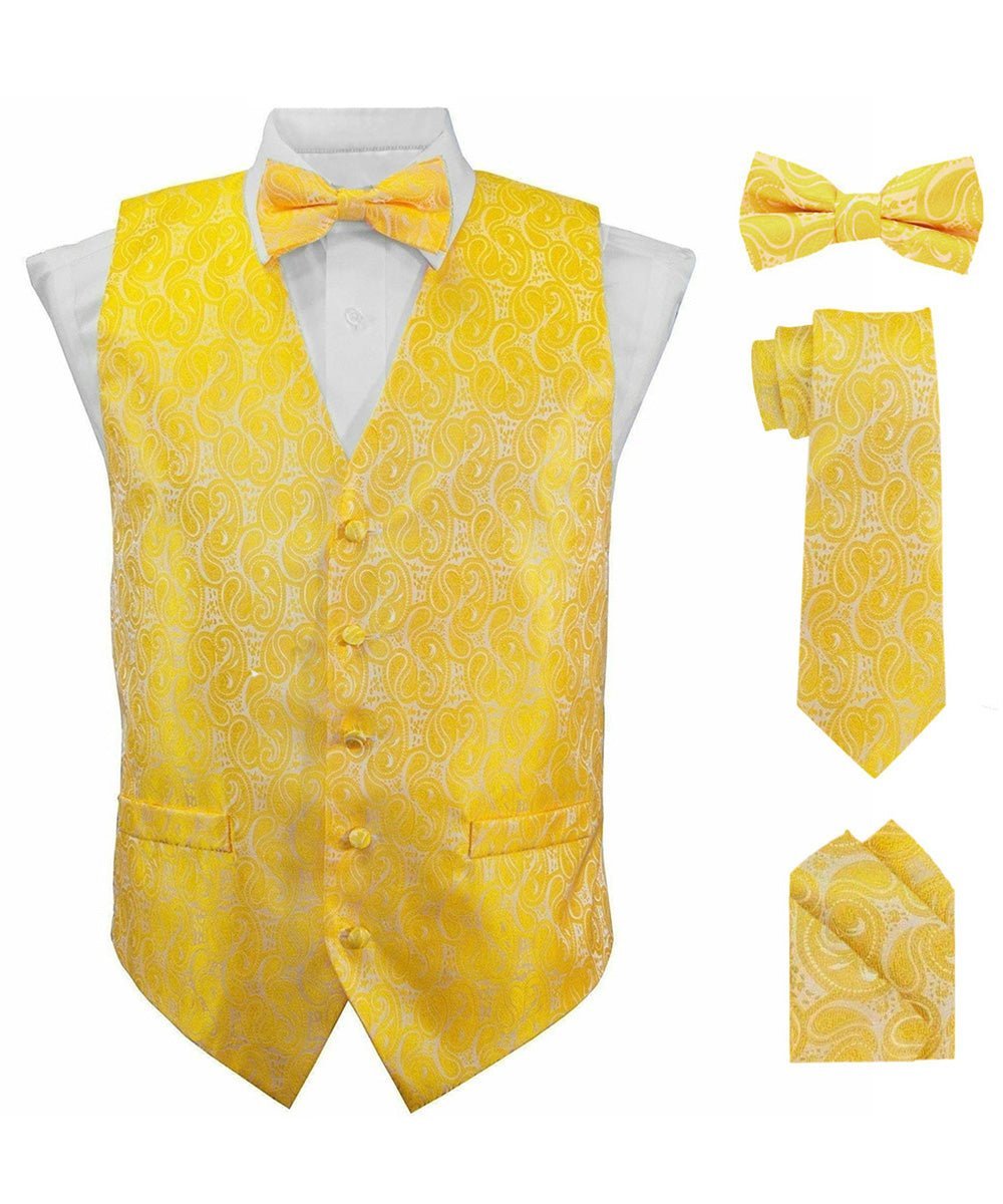 Vittorio Farina Men's Woven Paisley Vest, Necktie, Bow Tie and Pocket Square Set (White Back) - Yellow - Vest Set - Vittorio Farina