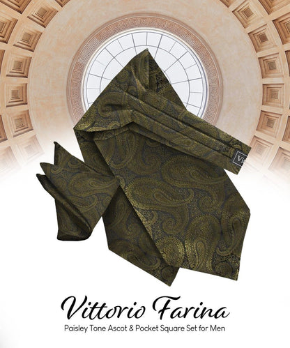 Vittorio Farina Men's Woven Paisley Ascot & Pocket Square - Olive Green - Ascot & Pocket Square - Vittorio Farina