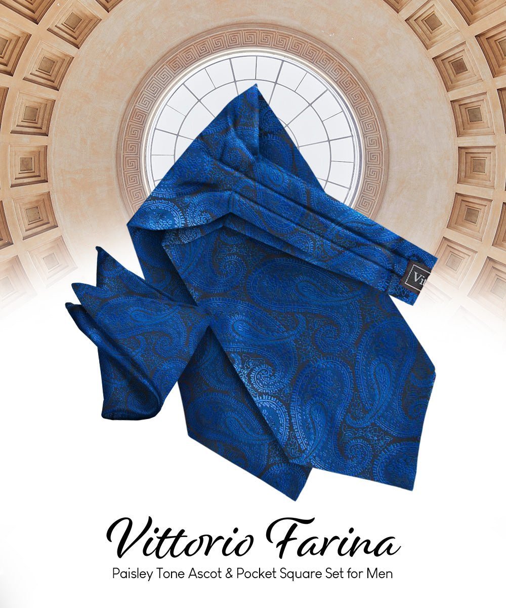 Vittorio Farina Men's Woven Paisley Ascot & Pocket Square - Royal Blue - Ascot & Pocket Square - Vittorio Farina