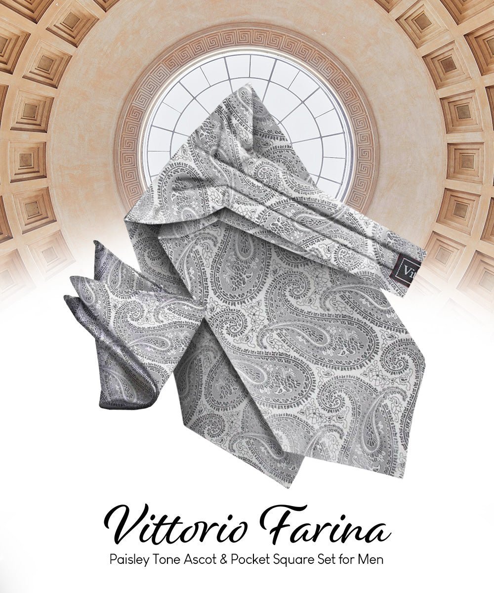Vittorio Farina Men's Woven Paisley Ascot & Pocket Square - Silver - Ascot & Pocket Square - Vittorio Farina