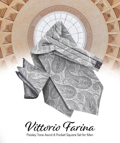 Vittorio Farina Men's Woven Paisley Ascot & Pocket Square - Silver - Ascot & Pocket Square - Vittorio Farina