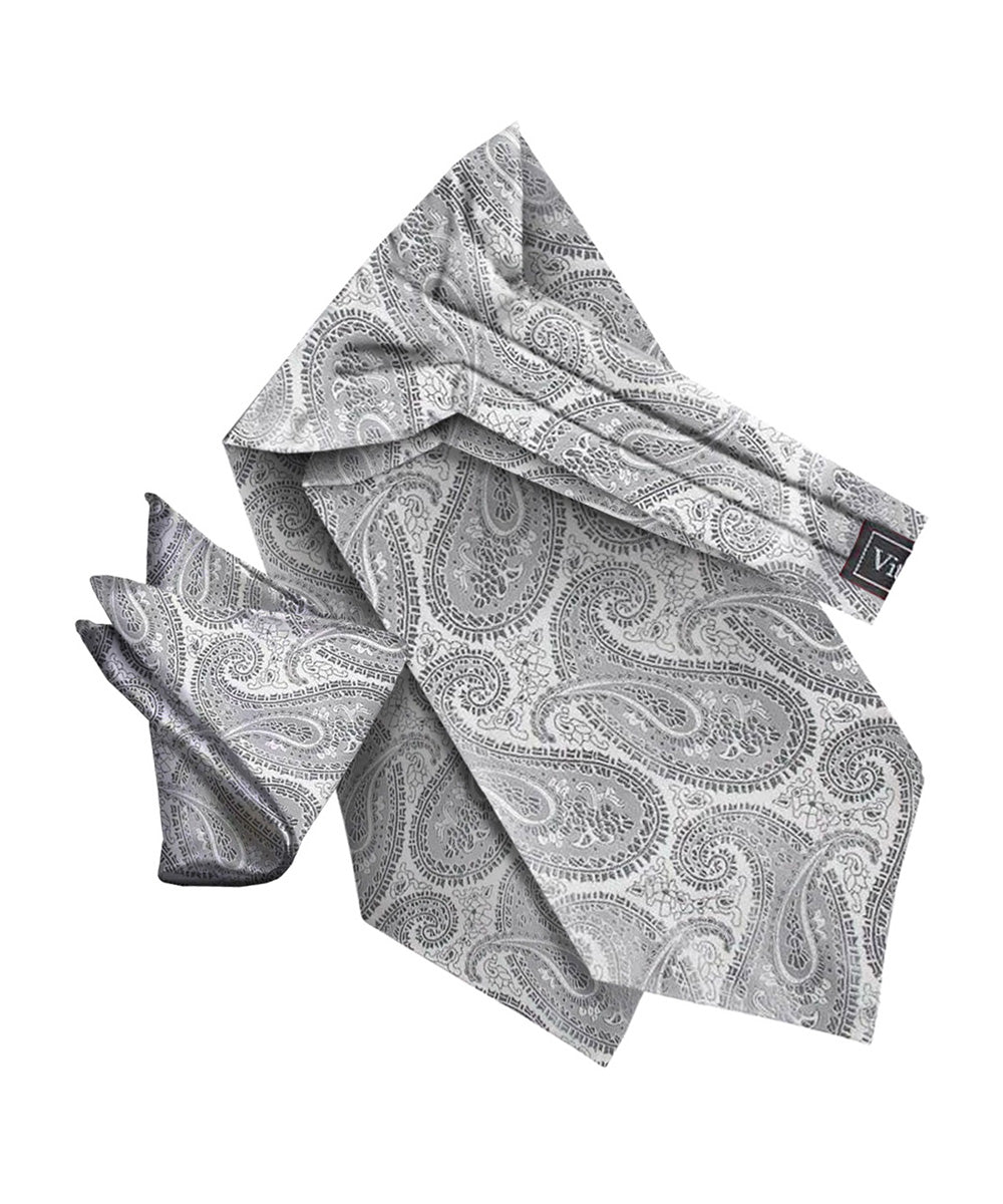 Vittorio Farina Men's Woven Paisley Ascot & Pocket Square - Silver - Ascot & Pocket Square - Vittorio Farina