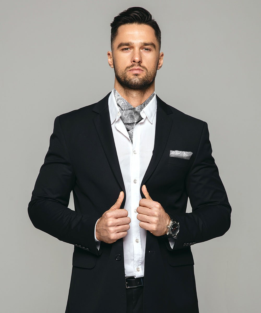 Vittorio Farina Men's Woven Paisley Ascot & Pocket Square - Silver - Ascot & Pocket Square - Vittorio Farina