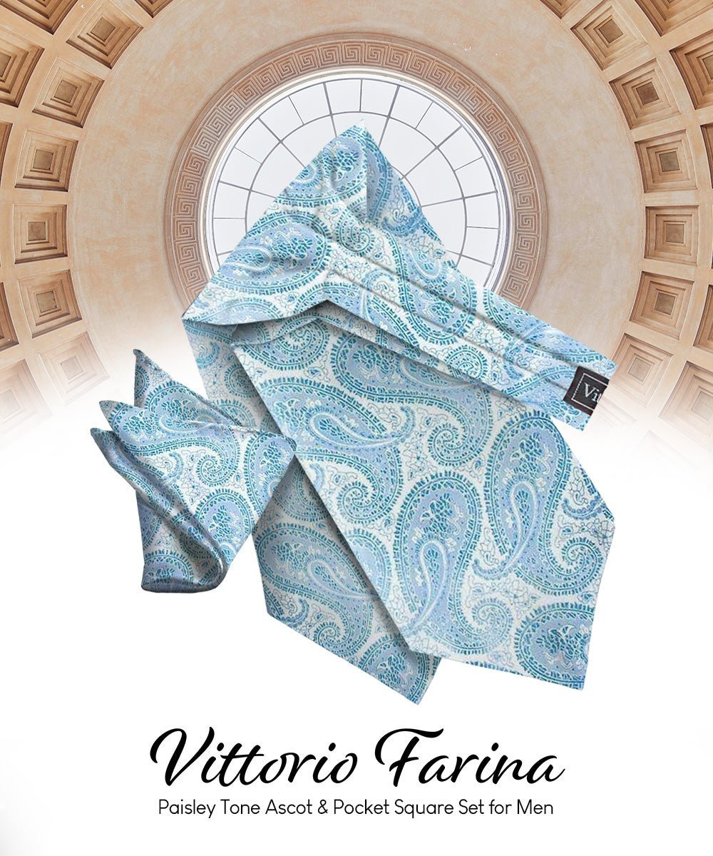 Vittorio Farina Men's Woven Paisley Ascot & Pocket Square - Sky Blue - Ascot & Pocket Square - Vittorio Farina