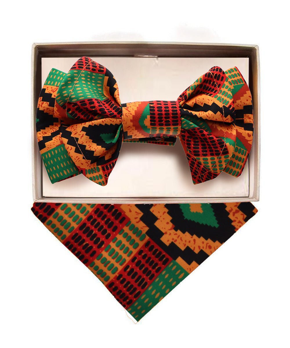 Vittorio Farina Men's XL Kente Bow Tie & Pocket Square in Gift Box - Kente 2 - Bow Tie & Pocket Square - Vittorio Farina