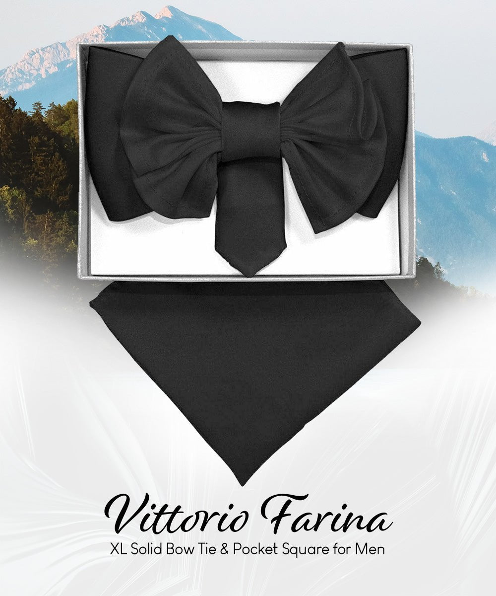 Vittorio Farina Men's XL Solid Satin Bow Tie & Pocket Square in Gift Box - Black - Bow Tie & Pocket Square - Vittorio Farina