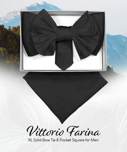Vittorio Farina Men's XL Solid Satin Bow Tie & Pocket Square in Gift Box - Black - Bow Tie & Pocket Square - Vittorio Farina