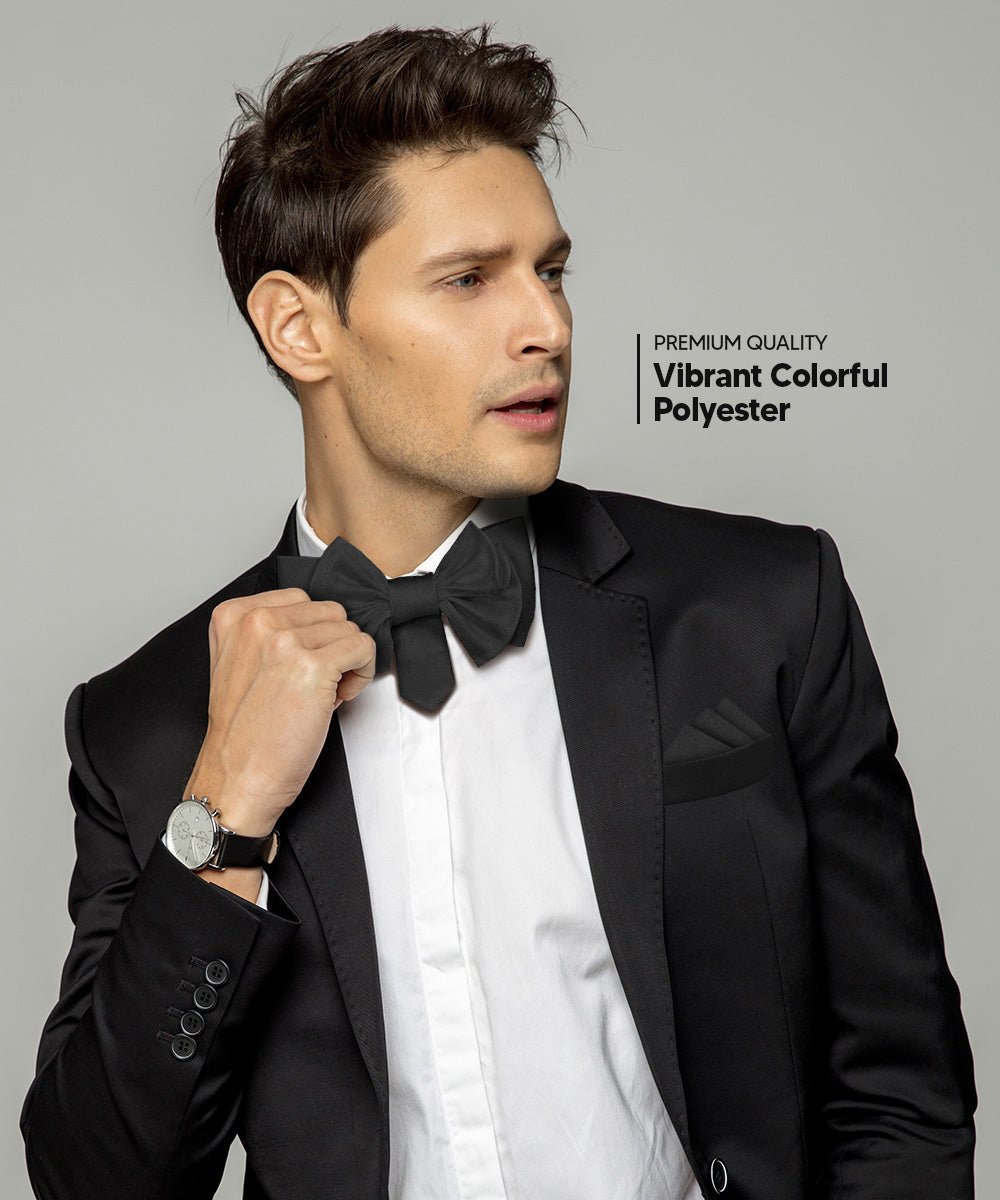 Vittorio Farina Men's XL Solid Satin Bow Tie & Pocket Square in Gift Box - Black - Bow Tie & Pocket Square - Vittorio Farina