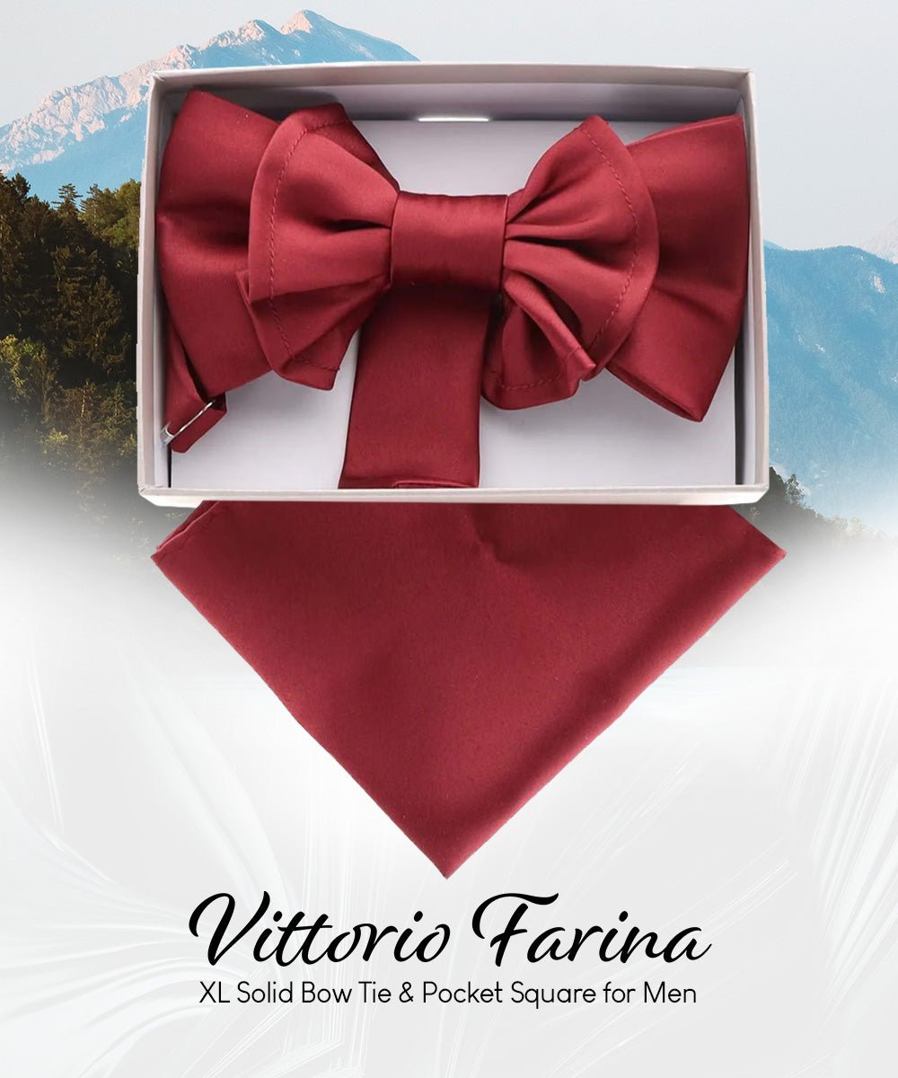 Vittorio Farina Men's XL Solid Satin Bow Tie & Pocket Square in Gift Box - Burgundy - Bow Tie & Pocket Square - Vittorio Farina