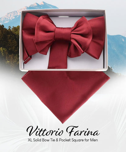 Vittorio Farina Men's XL Solid Satin Bow Tie & Pocket Square in Gift Box - Burgundy - Bow Tie & Pocket Square - Vittorio Farina