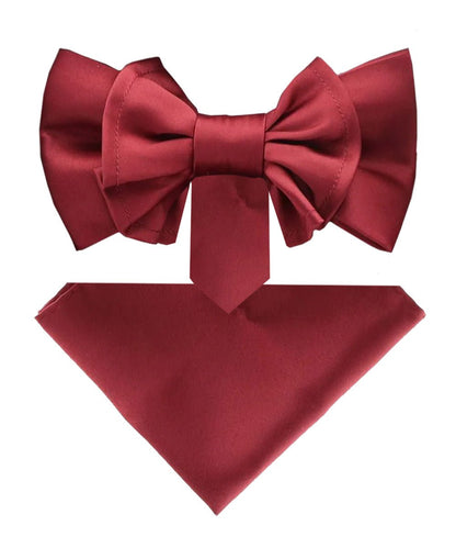 Vittorio Farina Men's XL Solid Satin Bow Tie & Pocket Square in Gift Box - Burgundy - Bow Tie & Pocket Square - Vittorio Farina
