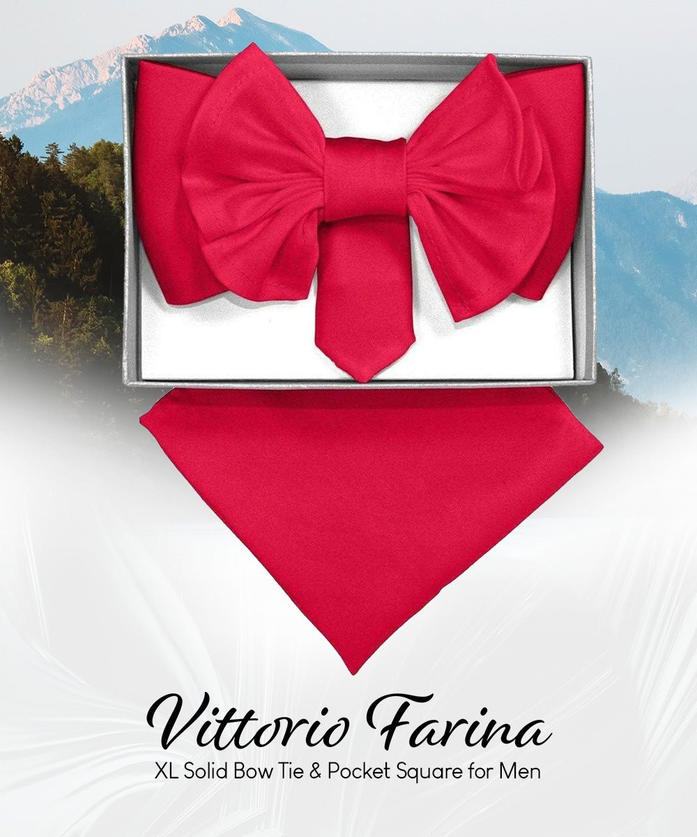 Vittorio Farina Men's XL Solid Satin Bow Tie & Pocket Square in Gift Box - Black - Bow Tie & Pocket Square - Vittorio Farina