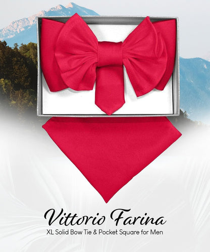 Vittorio Farina Men's XL Solid Satin Bow Tie & Pocket Square in Gift Box - Black - Bow Tie & Pocket Square - Vittorio Farina