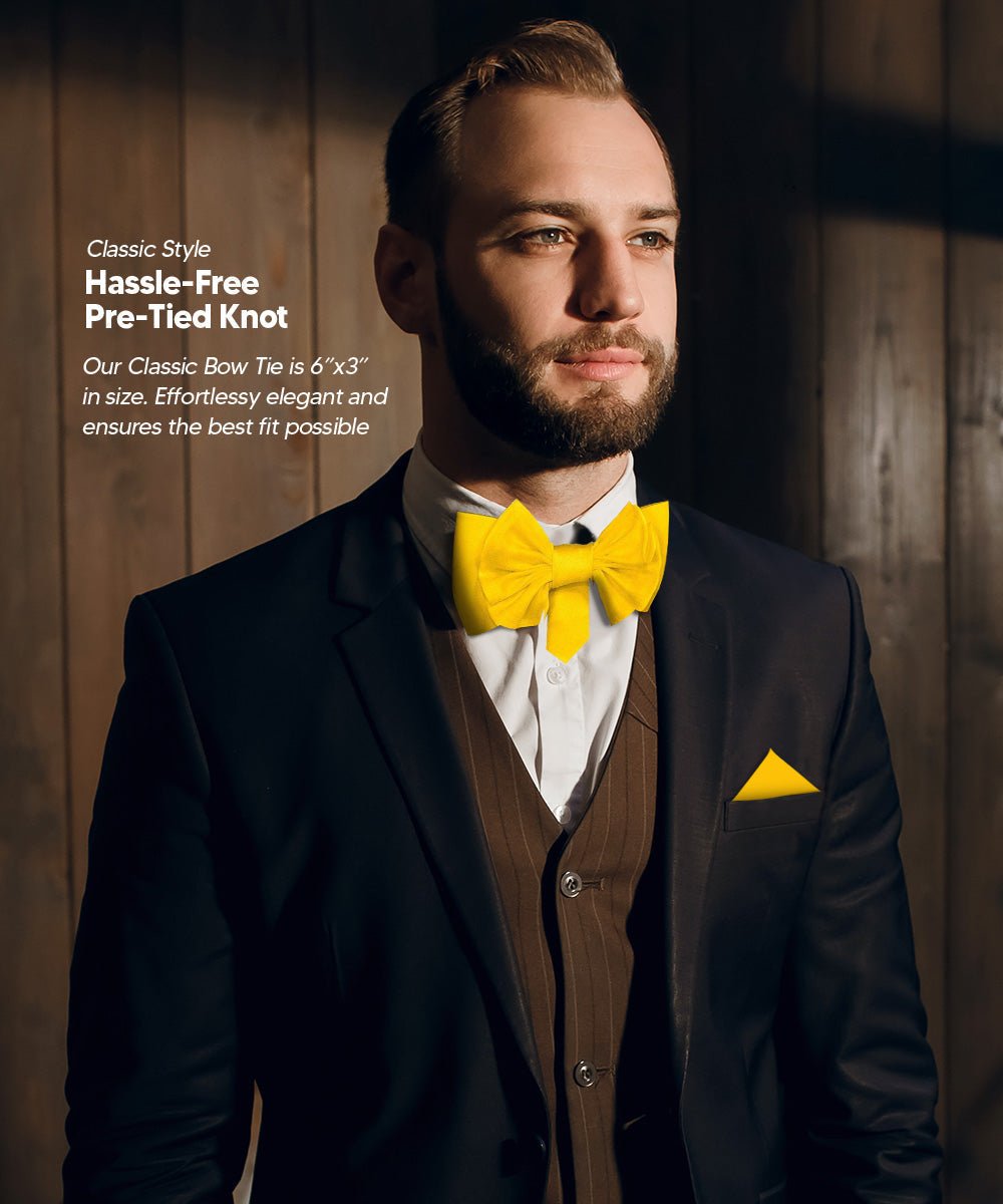 Vittorio Farina Men's XL Solid Satin Bow Tie & Pocket Square in Gift Box - Mustard Yellow - Bow Tie & Pocket Square - Vittorio Farina