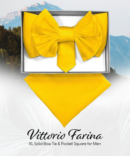 Vittorio Farina Men's XL Solid Satin Bow Tie & Pocket Square in Gift Box - Mustard Yellow - Bow Tie & Pocket Square - Vittorio Farina