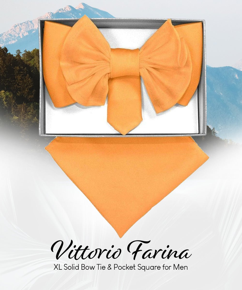 Vittorio Farina Men's XL Solid Satin Bow Tie & Pocket Square in Gift Box - Mustard Yellow - Bow Tie & Pocket Square - Vittorio Farina
