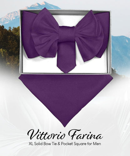 Vittorio Farina Men's XL Solid Satin Bow Tie & Pocket Square in Gift Box - Purple - Bow Tie & Pocket Square - Vittorio Farina