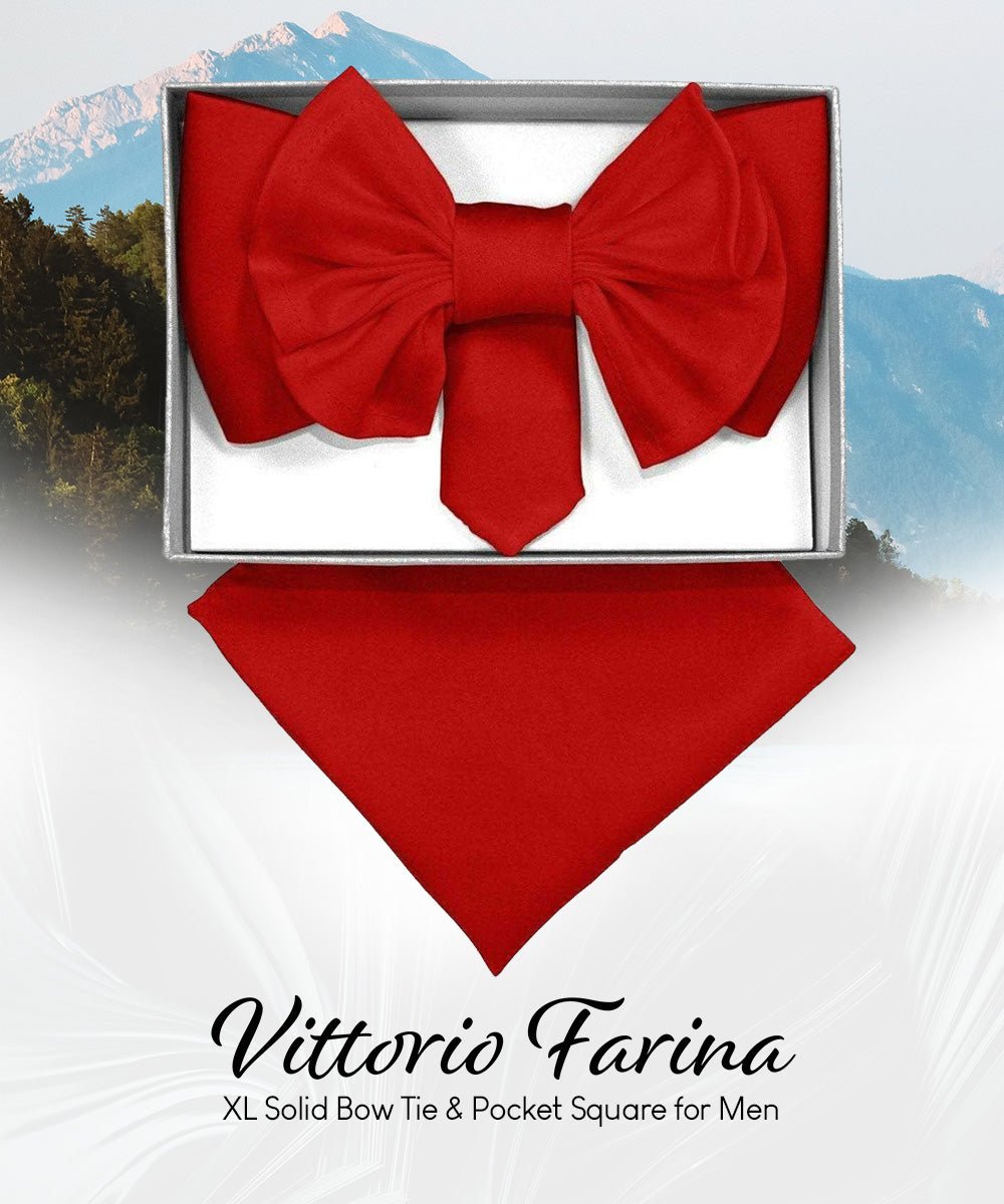 Vittorio Farina Men's XL Solid Satin Bow Tie & Pocket Square in Gift Box - Red - Bow Tie & Pocket Square - Vittorio Farina