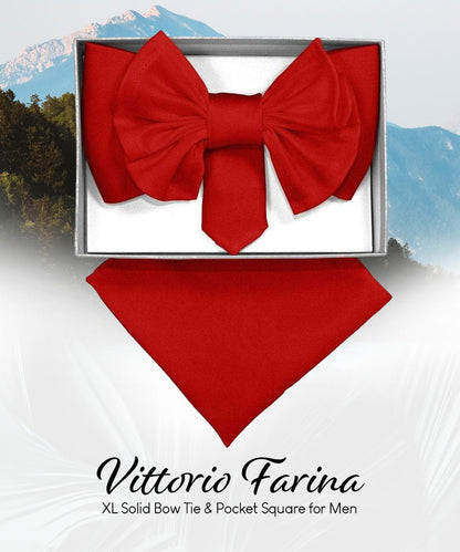 Vittorio Farina Men's XL Solid Satin Bow Tie & Pocket Square in Gift Box - Red - Bow Tie & Pocket Square - Vittorio Farina