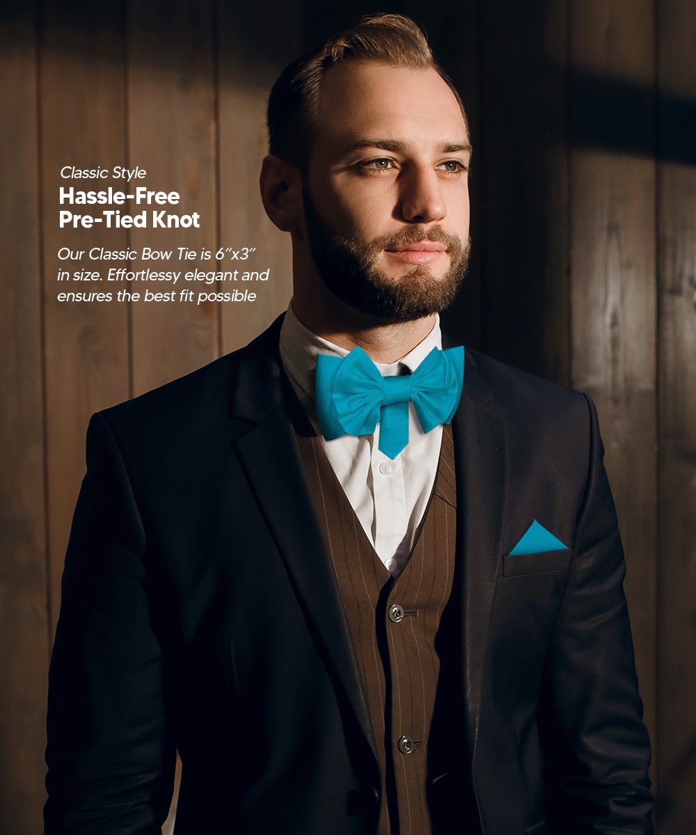 Vittorio Farina Men's XL Solid Satin Bow Tie & Pocket Square in Gift Box - Turquoise - Bow Tie & Pocket Square - Vittorio Farina
