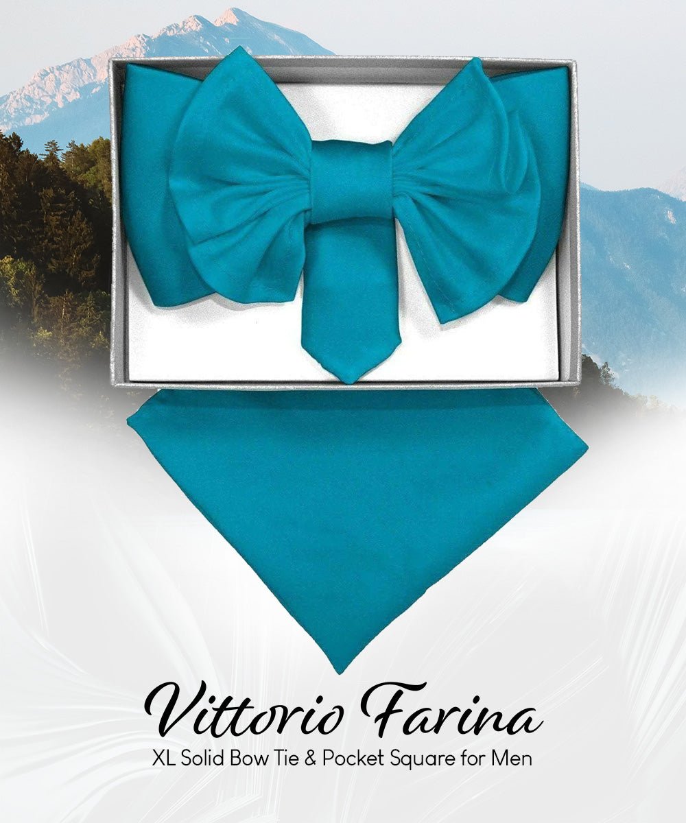 Vittorio Farina Men's XL Solid Satin Bow Tie & Pocket Square in Gift Box - Turquoise - Bow Tie & Pocket Square - Vittorio Farina