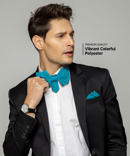 Vittorio Farina Men's XL Solid Satin Bow Tie & Pocket Square in Gift Box - Turquoise - Bow Tie & Pocket Square - Vittorio Farina