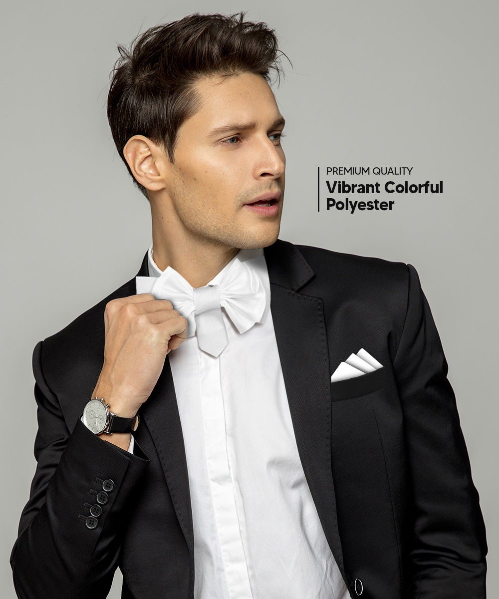 Vittorio Farina Men's XL Solid Satin Bow Tie & Pocket Square in Gift Box - White - Bow Tie & Pocket Square - Vittorio Farina
