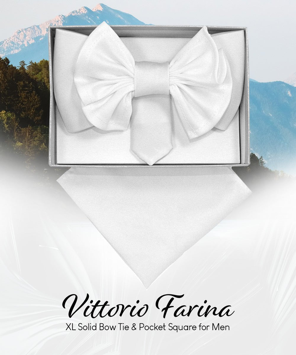Vittorio Farina Men's XL Solid Satin Bow Tie & Pocket Square in Gift Box - White - Bow Tie & Pocket Square - Vittorio Farina