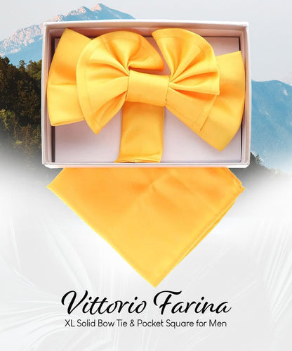 Vittorio Farina Men's XL Solid Satin Bow Tie & Pocket Square in Gift Box - Yellow - Bow Tie & Pocket Square - Vittorio Farina