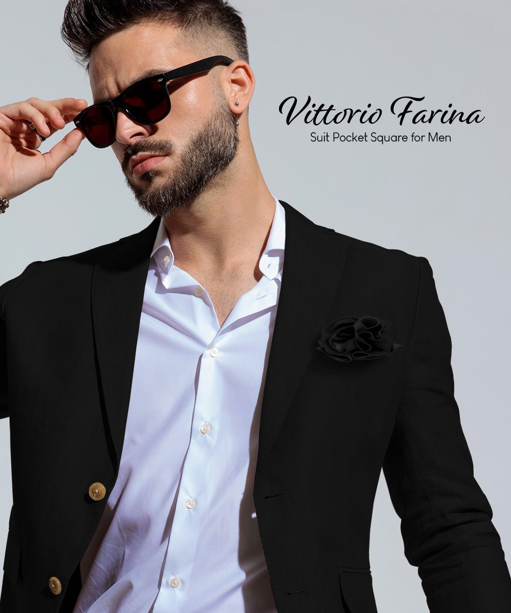 Vittorio Farina Round Satin Pocket Square with Embroidered Piping - Black and Black - Pocket Square - Vittorio Farina