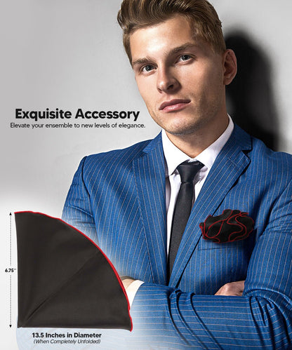 Vittorio Farina Round Satin Pocket Square with Embroidered Piping - Black and Red - Pocket Square - Vittorio Farina