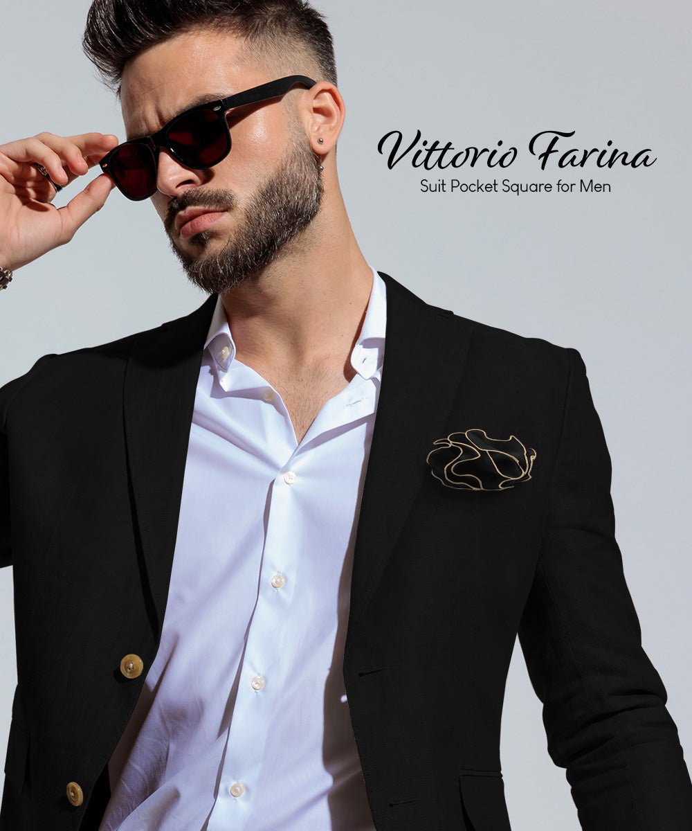 Vittorio Farina Round Satin Pocket Square with Embroidered Piping - Black and Tan - Pocket Square - Vittorio Farina