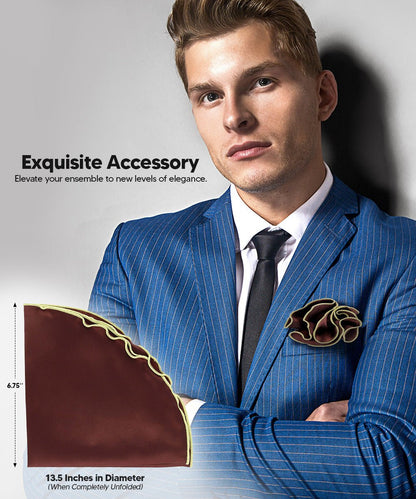 Vittorio Farina Round Satin Pocket Square with Embroidered Piping - Brown and Lime Green - Pocket Square - Vittorio Farina