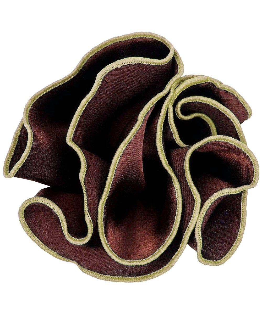Vittorio Farina Round Satin Pocket Square with Embroidered Piping - Brown and Lime Green - Pocket Square - Vittorio Farina