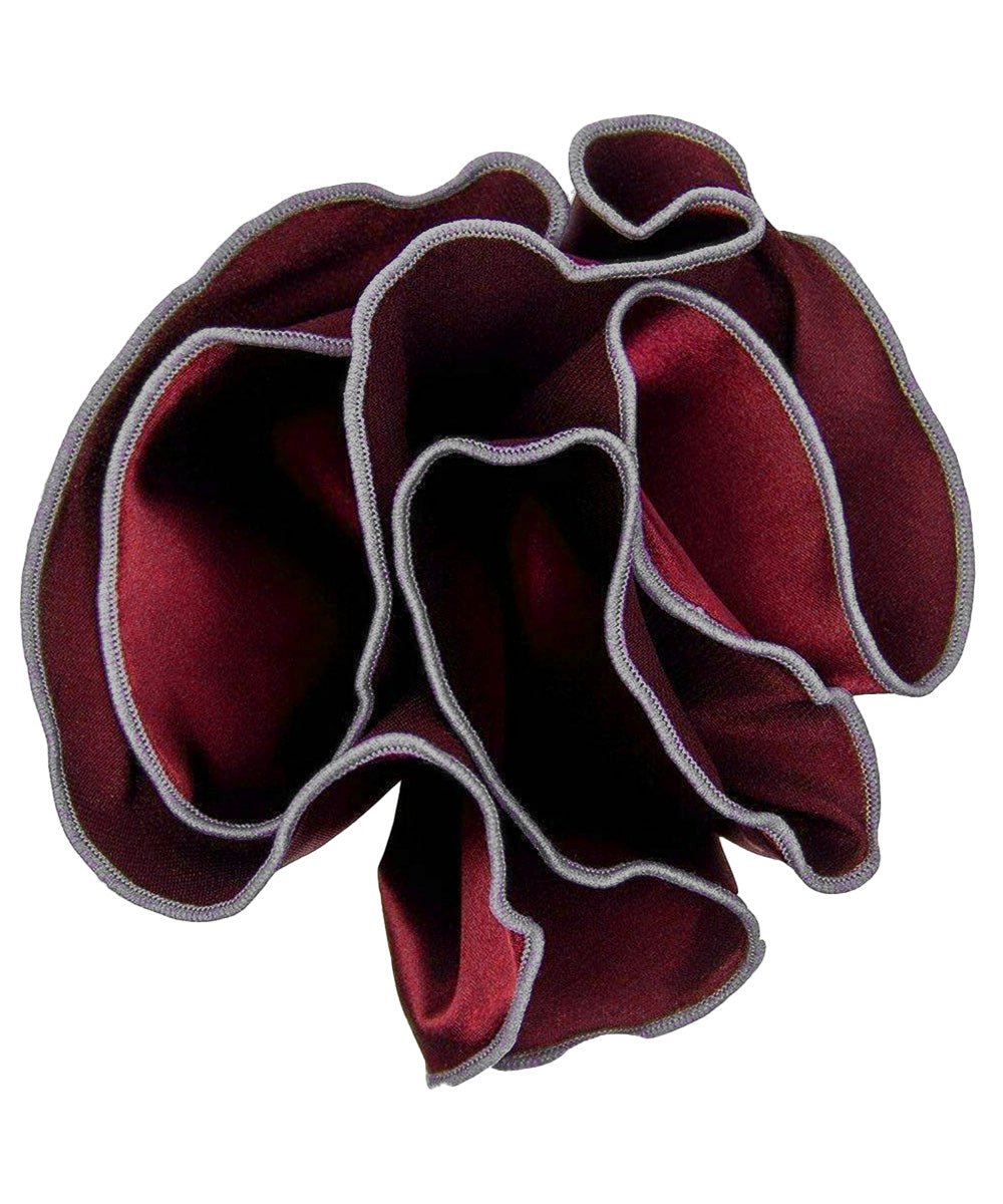 Vittorio Farina Round Satin Pocket Square with Embroidered Piping - Burgundy and Gray - Pocket Square - Vittorio Farina