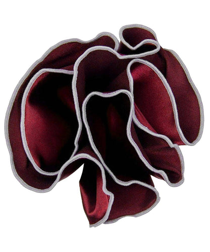 Vittorio Farina Round Satin Pocket Square with Embroidered Piping - Burgundy and White - Pocket Square - Vittorio Farina