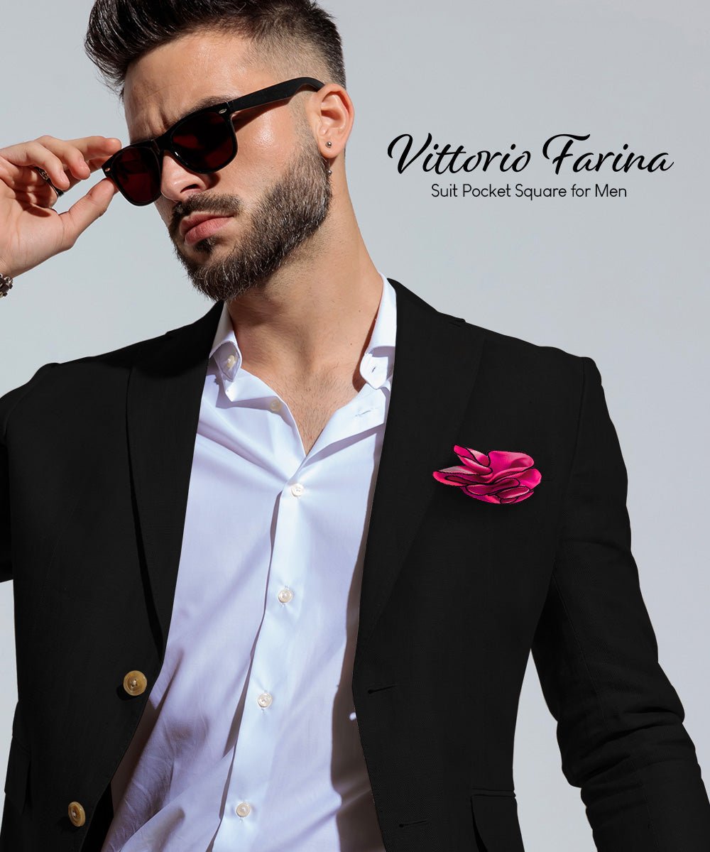 Vittorio Farina Round Satin Pocket Square with Embroidered Piping - Hot Pink and Black - Pocket Square - Vittorio Farina