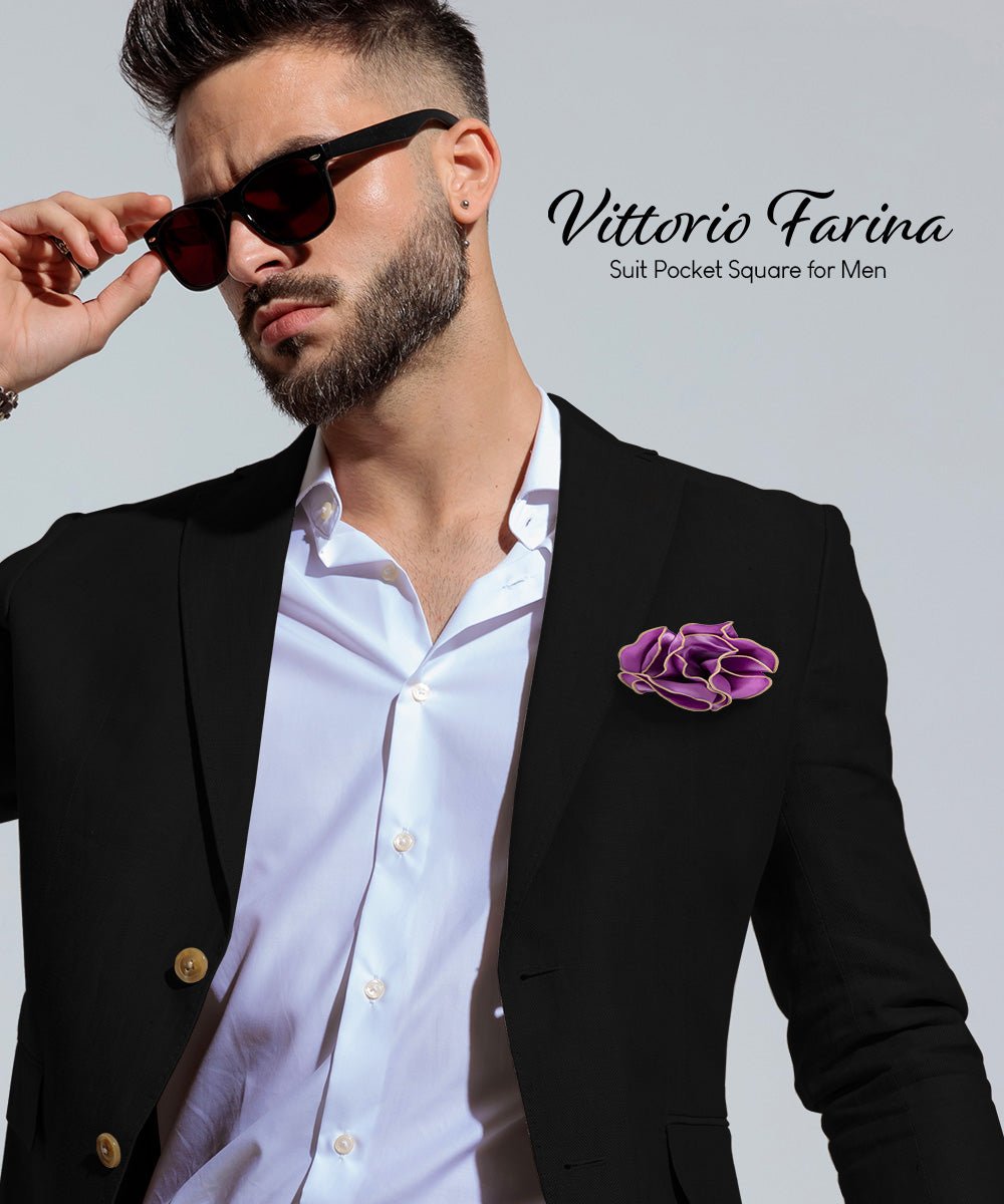 Vittorio Farina Round Satin Pocket Square with Embroidered Piping - Lavender and Black - Pocket Square - Vittorio Farina